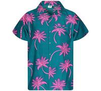 King Kameha Funky-Camisa-Hawaiana, Manga-Corta, Palm-Shadow, Verde-Oscuro-Rosa, M