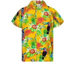 King Kameha Funky Camisa-Hawaiana, Manga-Corta, Parrot-Cockatoo, Amarillo, 4XL