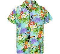 King Kameha Funky Camisa-Hawaiana, Manga-Corta, Parrot-Cockatoo, Azul-Claro, XXL