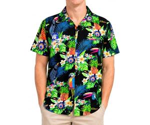 King Kameha Funky Camisa-Hawaiana, Manga-Corta, Parrot-Cockatoo, Negro, M