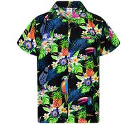 King Kameha Funky Camisa-Hawaiana, Manga-Corta, Parrot-Cockatoo, Negro, S