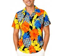 King Kameha Funky Camisa-Hawaiana, Manga-Corta, Pineapple-Hibiscus, Negro-Amarillo, M