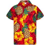 King Kameha Funky Camisa-Hawaiana, Manga-Corta, Pineapple-Hibiscus, Rojo, 6XL