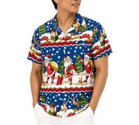 King Kameha Funky-Camisa-Hawaiana, Navidad, Manga-Corta, Christmas-Border-Print, Azul, XL