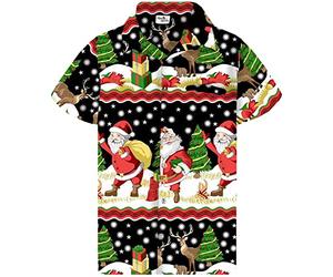 King Kameha Funky-Camisa-Hawaiana, Navidad, Manga-Corta, Christmas-Border-Print, Negro, L
