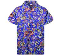 King Kameha Funky - Camisa hawaiana para hombre, manga corta, bolsillo frontal, fiesta, Halloween, calaveras, estampado de calaveras, Skulls-blue Multi, L