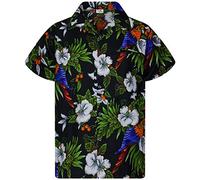 King Kameha Funky - Camisa hawaiana para niños, niñas, manga corta, bolsillo frontal, estampado hawaiano, unisex, diseño de loro con flores de cerezo, Kids Cherryparrot Black, 10 Años