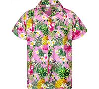 King Kameha Funky - Camisa Hawaiana para niños, niñas, Manga Corta, Bolsillo Frontal, Estampado Hawaiano, Unisex, diseño de Hojas de piña, Kids Pineapple Flowers Light Pink, 8 Años
