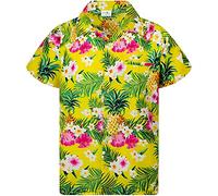 King Kameha Funky - Camisa Hawaiana para niños, niñas, Manga Corta, Bolsillo Frontal, Estampado Hawaiano, Unisex, diseño de Hojas de piña, Kids Pineapple Flowers Yellow, 10 Años