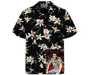 King Kameha Original Paradise Found - Camisa hawaiana para hombre, manga corta, bolsillo frontal, estampado hawaiano Magnum Tom Selleck, Tom Selleck Star Orquídea Negro, M