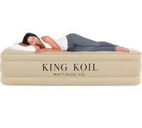 King Koil - Colchón de aire de lujo de 20 pulgadas, tamaño matrimonial, color beige con bomba integrada para el hogar, camping e invitados, colchón hinchable de lujo, doble alto, ajustable, duradero,