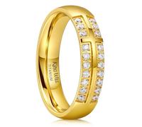 King Will Alianza de boda de titanio y oro para hombre, 5 mm, pulido con bordes escalonados y diseño de cruz con incrustaciones de circonita blanca, ajuste cómodo, talla 8