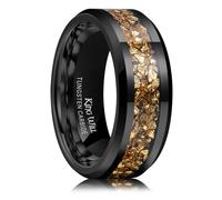 King Will Alianzas de boda de tungsteno negro para hombre, incrustaciones de meteorito dorado, 8 mm de alto pulido, borde biselado, ajuste cómodo, talla 11