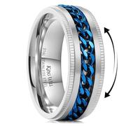 King Will Anillo giratorio entrelazado de 8 mm, color negro, azul y plateado, borde dentado/borde pulido, anillo de ansiedad para hombres, X 1/2, Acero inoxidable 316L, Sin piedra preciosa