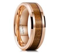 King Will KOA - Anillo de boda de carburo de tungsteno, 8 mm, de oro rosa, alto pulido, con banda de madera incrustada