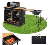 KingCamp Cocina de Camping con Fregadero - Cocina Exterior bambú/Aluminio, Mueble Plegable con Soporte lámpara, Almacenamiento y Protector Viento, Ideal para Camping, Picnic y Barbacoa