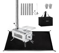 KingCamp Estufa de Leña para Camping, Portátil INOX con Alfombrilla Térmica | Con Ventana, Parrilla Plegable, Tubos de Chimenea, Bandeja de Cenizas y Guantes Térmicos, para Tienda, Exterior y Jardín