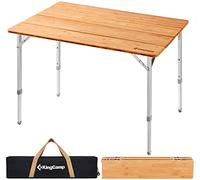 KingCamp Mesa Plegable de Bambú Altura Ajustable Plegable Exterior Interior Portátil Mesa de Ahorro de Espacio Enrollable Camping Balcón Jardín Picnic 100x65x45 / 52 / 65cm