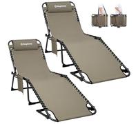 KingCamp Tumbona Plegable 180kg, Ajustable 5 Posiciones, Pack de 2, Beige | Tumbona de Jardín Plegable, Antiatrapamiento Reposacabezas Bolsillo Lateral, Silla Reclinable Portátil Resistente Camping