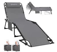 KingCamp Tumbona Plegable hasta 180 kg, Ajustable en 5 Posiciones, Gris | Tumbona de Jardín Plegable, Antiatrapamiento Reposacabezas Bolsillo Lateral, Silla Reclinable Portátil Resistente Camping