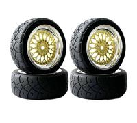 KINGCOO Juego de 4 neumáticos y ruedas de coche RC de 65 mm y llantas de plástico de 52 mm y llantas hexagonales de 12 mm para RC On-Road Run-Flating Touring Racing Auto (dorado plateado, profundidad