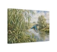 Kingfisher Over Willow River Canvas Print - Living Room, Above Couch, Blue And Green 18×12 inch (45×30 cm) - Horizontal / 1.25 inch (3 cm)