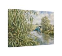 Kingfisher Over Willow River Canvas Print - Living Room, Above Couch, Blue And Green 24×16 inch (60×40 cm) - Horizontal / 1.25 inch (3 cm)