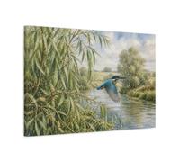 Kingfisher Over Willow River Canvas Print - Living Room, Above Couch, Blue And Green 30×20 inch (75×50 cm) - Horizontal / 1.25 inch (3 cm)