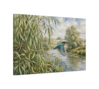Kingfisher Over Willow River Canvas Print - Living Room, Above Couch, Blue And Green 36×24 inch (90×60 cm) - Horizontal / 1.25 inch (3 cm)