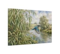 Kingfisher Over Willow River Canvas Print - Living Room, Above Couch, Blue And Green 48×32 inch (120×80 cm) - Horizontal / 1.25 inch (3 cm)