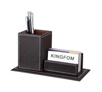 KINGFOM creativo lápiz de escritorio soporte para bolígrafo y tarjeta de visita Soporte, piel sintética y estructura de madera marrón