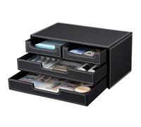 KINGFOM madera/piel sintética multi-función escritorio papelería organizador caja de almacenamiento, color Black with Drawer