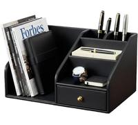 KINGFOM Organizador de escritorio de oficina con colector de pie A4, organizador de escritorio de piel sintética, multifuncional, organizador de bolígrafos, suministros de oficina, revistero (negro)