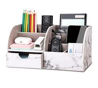 KINGFOM Organizador de escritorio de oficina de piel sintética, soporte para bolígrafos, lápices, caja de almacenamiento de papelería, accesorios de escritorio (medio mármol gris)