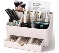 KINGFOM Organizador de maquillaje, de piel sintética, organizador de maquillaje con cajón, organizador para tocador, regalo del día de la madre, regalo de cumpleaños para mamá y mujer (beige)