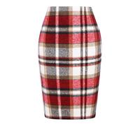 Kinghua Falda lápiz de Lana a Cuadros para Mujer, para otoño e Invierno, Cintura Alta, con Abertura, Longitud hasta la Rodilla, Falda Midi, Rojo Vino, M