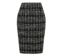 Kinghua Falda lápiz de Lana a Cuadros para Mujer, para otoño e Invierno, Cintura Alta, con Abertura, Longitud hasta la Rodilla, Falda Midi, Tweed Negro, M