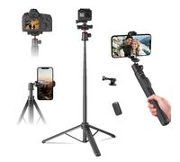 KINGJOY Trípode de cámara de 66 pulgadas y palo selfie para teléfono, soporte de trípode de viaje portátil ligero con control remoto inalámbrico, trípode bloqueable, compatible con teléfono/iPhone