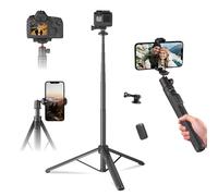 KINGJOY Trípode de cámara de 66 pulgadas y palo selfie para teléfono, soporte de trípode de viaje portátil ligero con control remoto inalámbrico, trípode bloqueable, compatible con teléfono/iPhone