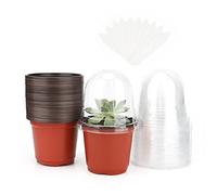 KINGLAKE 32 Piezas macetas de plástico marrón con Tapa Transparente y 10 Etiquetas de plástico para Plantas de 10 x 2 cm