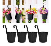 KINGLAKE 4 macetas de metal de 10 cm para plantas colgantes con gancho desmontable, maceteros de flores para vallas de jardín, colgantes, para exteriores, color negro