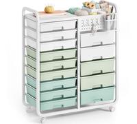 KINGRACK Cajonera con ruedas con 14 cajones, encimera, pizarra de bricolaje, cesta colgante y 4 ganchos, ideal para oficinas, apartamentos, escuelas, aulas y suministros de manualidades (verde)