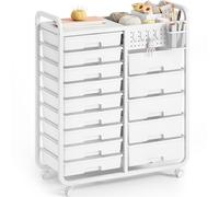 KINGRACK Cajonera con ruedas con 14 cajones, encimera, pizarra de bricolaje, cesta colgante y 4 ganchos, ideal para oficinas, apartamentos, escuelas, aulas y suministros de manualidades (blanco)