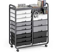 KINGRACK Cajonera con ruedas con 14 cajones, encimera, pizarra de bricolaje, cesta colgante y 4 ganchos, ideal para oficinas, apartamentos, escuelas, aulas y suministros de manualidades (gris)