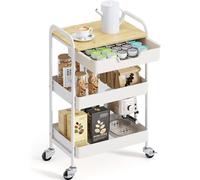 KINGRACK Carro Auxiliar de Cocina de 3 Niveles, Carrito verdulero con Asa, Ruedas, y cajones, para baño peluqueria, con Tapa de Madera, Blanco WKUK830549-1