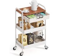 KINGRACK Carro Cocina de 3 Niveles, Carrito Auxiliar con Ruedas, Carrito verdulero con Asa y cajones, Carrito baño Carrito peluqueria con Tapa de Madera, Blanco