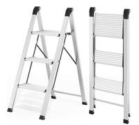 Kingrack Escalera 3 peldaños Aluminio Antideslizante, Capacidad 150kg Plata