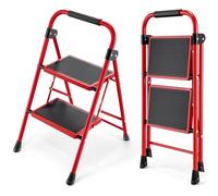 KINGRACK Escalera de 2 Escalones Plegable Con Pedal Antideslizante y Ancho, Pequeña Con Asa, de Acero Resistente, Ligera y Portátil, Color Rojo