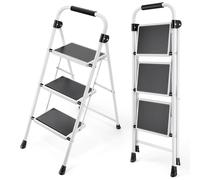 KINGRACK Escalera de 3 Escalones Plegable Pequeña con Pedal Antideslizante y Ancho, Asa, Acero Resistente, Ligera y Portátil, Color Blanco