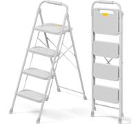 KINGRACK Escalera de 4 peldaños Plegable de Acero, Bloqueo de Seguridad, peldaños Anchos Antideslizantes, Capacidad 150 kg, Ligera y portátil con pasamanos para hogar, Cocina y Garaje